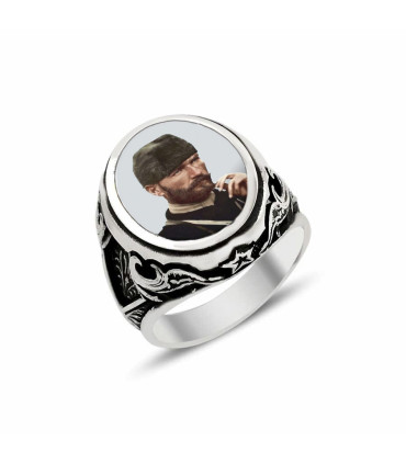 Mustafa Kemal Atatürk Askeri Üniformalı Resimli 925 Ayar Gümüş Erkek Yüzük