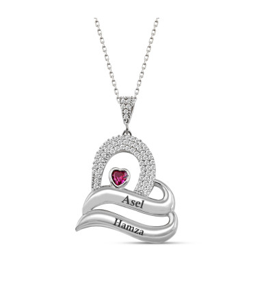 Kişiye Özel İsimli Taşlı Kalpli Kırmızı Taşlı Bayan Gümüş Kolye