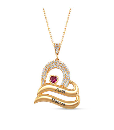 Kişiye Özel İsimli Taşlı Kalpli Kırmızı Taşlı Bayan Gümüş Kolye