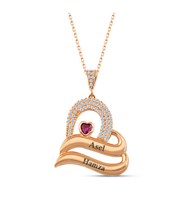 Kişiye Özel İsimli Taşlı Kalpli Kırmızı Taşlı Bayan Gümüş Kolye