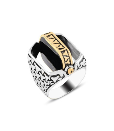 Kişiye Özel Çift Taraflı Kara Kalem Resimli Taşlı Gümüş Erkek Yüzük