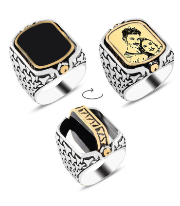Kişiye Özel Çift Taraflı Kara Kalem Resimli Taşlı Gümüş Erkek Yüzük