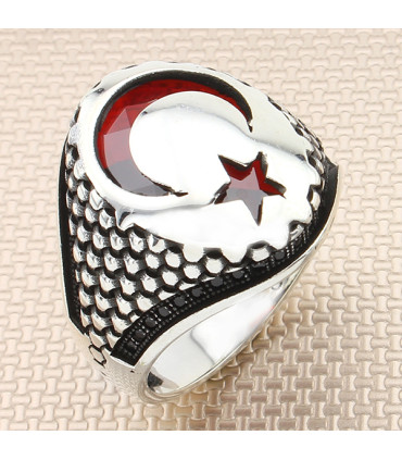 İçi Taşlı Ay Yıldız Gümüş Erkek Yüzük