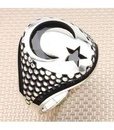 İçi Taşlı Ay Yıldız Gümüş Erkek Yüzük