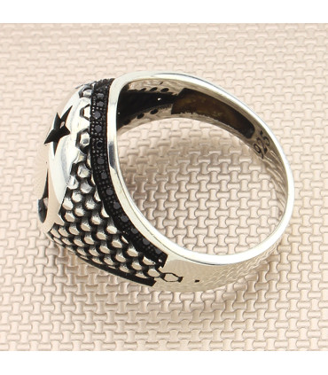 İçi Taşlı Ay Yıldız Gümüş Erkek Yüzük