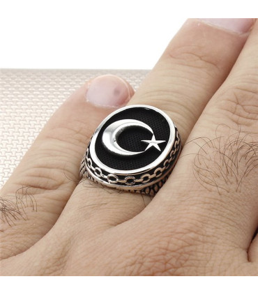 Taşsız Zincir Desenli Ay Yıldız Motifli Erkek Gümüş Yüzük