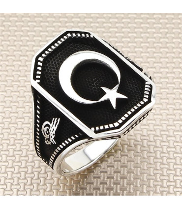 Ay Yıldız Sade Tasarım Yan Tuğralı Gümüş Taşsız Erkek Yüzük