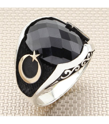 Bombe Taşlı Yan Ay Yıldız Simgeli Erkek Gümüş Yüzük