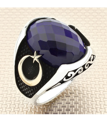 Bombe Taşlı Yan Ay Yıldız Simgeli Erkek Gümüş Yüzük