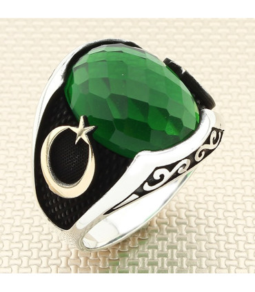 Bombe Taşlı Yan Ay Yıldız Simgeli Erkek Gümüş Yüzük