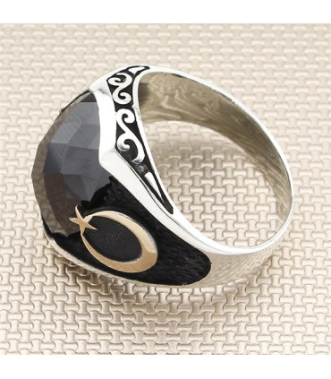 Bombe Taşlı Yan Ay Yıldız Simgeli Erkek Gümüş Yüzük