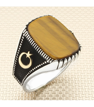 Kartal Başlı Düz Taşlı Gümüş Erkek Yüzük