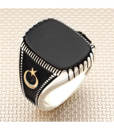 Kartal Başlı Düz Taşlı Gümüş Erkek Yüzük