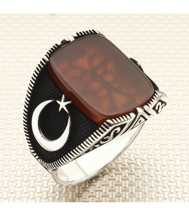 Düz Sade Taşlı Ayyıldız Simgeli Erkek Gümüş Yüzük