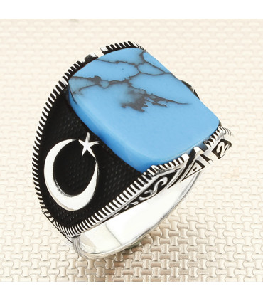 Düz Sade Taşlı Ayyıldız Simgeli Erkek Gümüş Yüzük