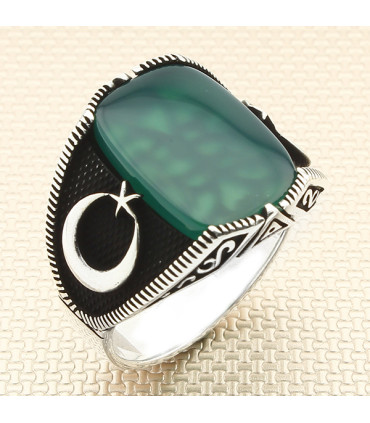 Düz Sade Taşlı Ayyıldız Simgeli Erkek Gümüş Yüzük