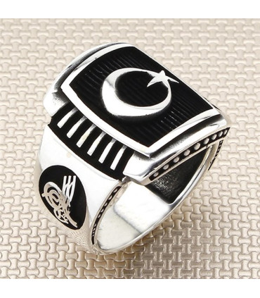 Ay Yıldız Yan Çizgili Tuğralı Taşsız Gümüş Erkek Yüzük