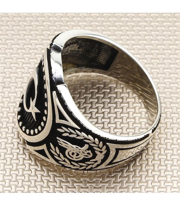 Ay Yıldız Yuvarlak Noktalı Yan Defne Yaprağı Tuğralı Taşsız Gümüş Erkek Yüzük