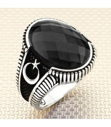 Oval Taşlı Yan Ay Yıldız Çizgili Gümüş Erkek Yüzük