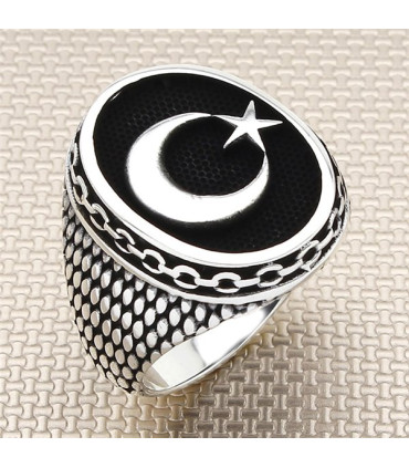 Taşsız Zincir Desenli Ay Yıldız Motifli Erkek Gümüş Yüzük