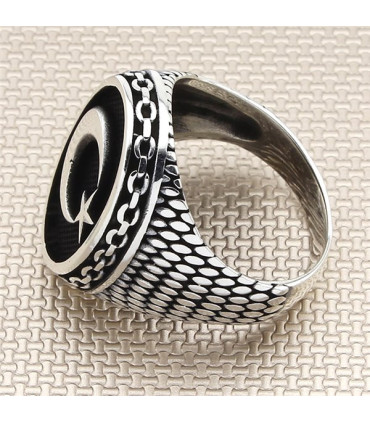 Taşsız Zincir Desenli Ay Yıldız Motifli Erkek Gümüş Yüzük