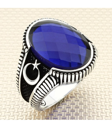 Oval Taşlı Yan Ay Yıldız Çizgili Gümüş Erkek Yüzük