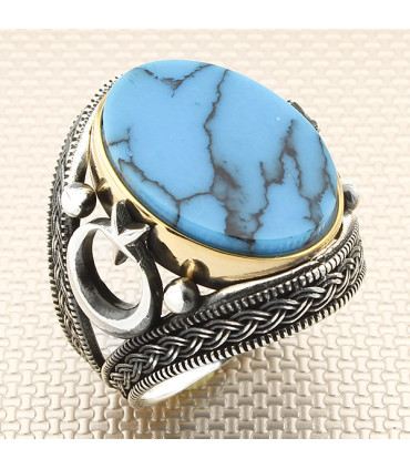 Taşlı Yan Ayyıldız Örgü Desenli Gümüş Erkek Yüzük