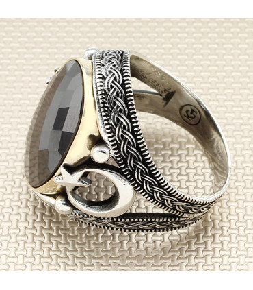 Taşlı Yan Ayyıldız Örgü Desenli Gümüş Erkek Yüzük