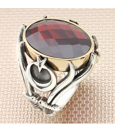 Zülfikar  Kılıçlı Ay Yıldız Taşlı Gümüş Erkek Yüzük