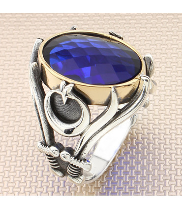 Zülfikar  Kılıçlı Ay Yıldız Taşlı Gümüş Erkek Yüzük